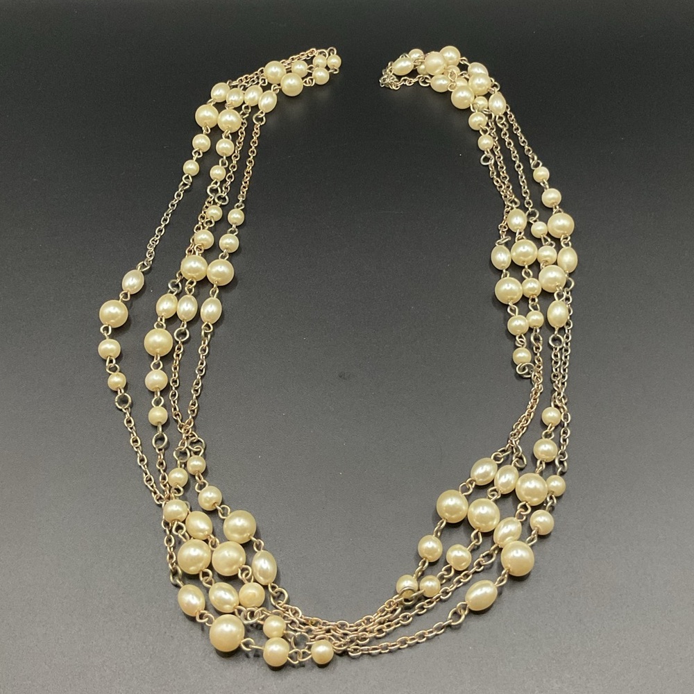 Single Strand Long Ivory and Gold Tone Faux Pearl Necklace